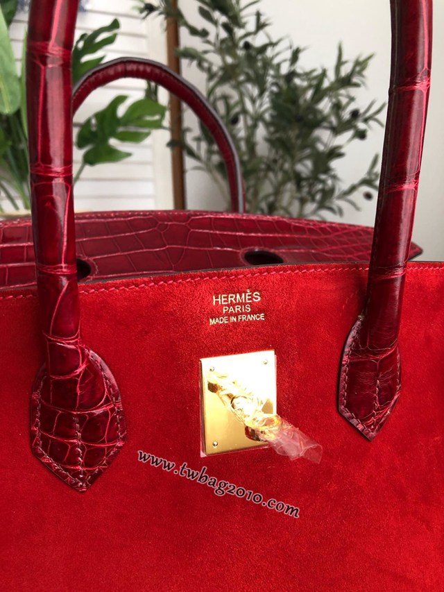 Hermes女包 愛馬仕經典款brikin包 手工蠟線縫製 鱷魚皮拼麂皮 金扣 Hermes拼色手提女包  am2052